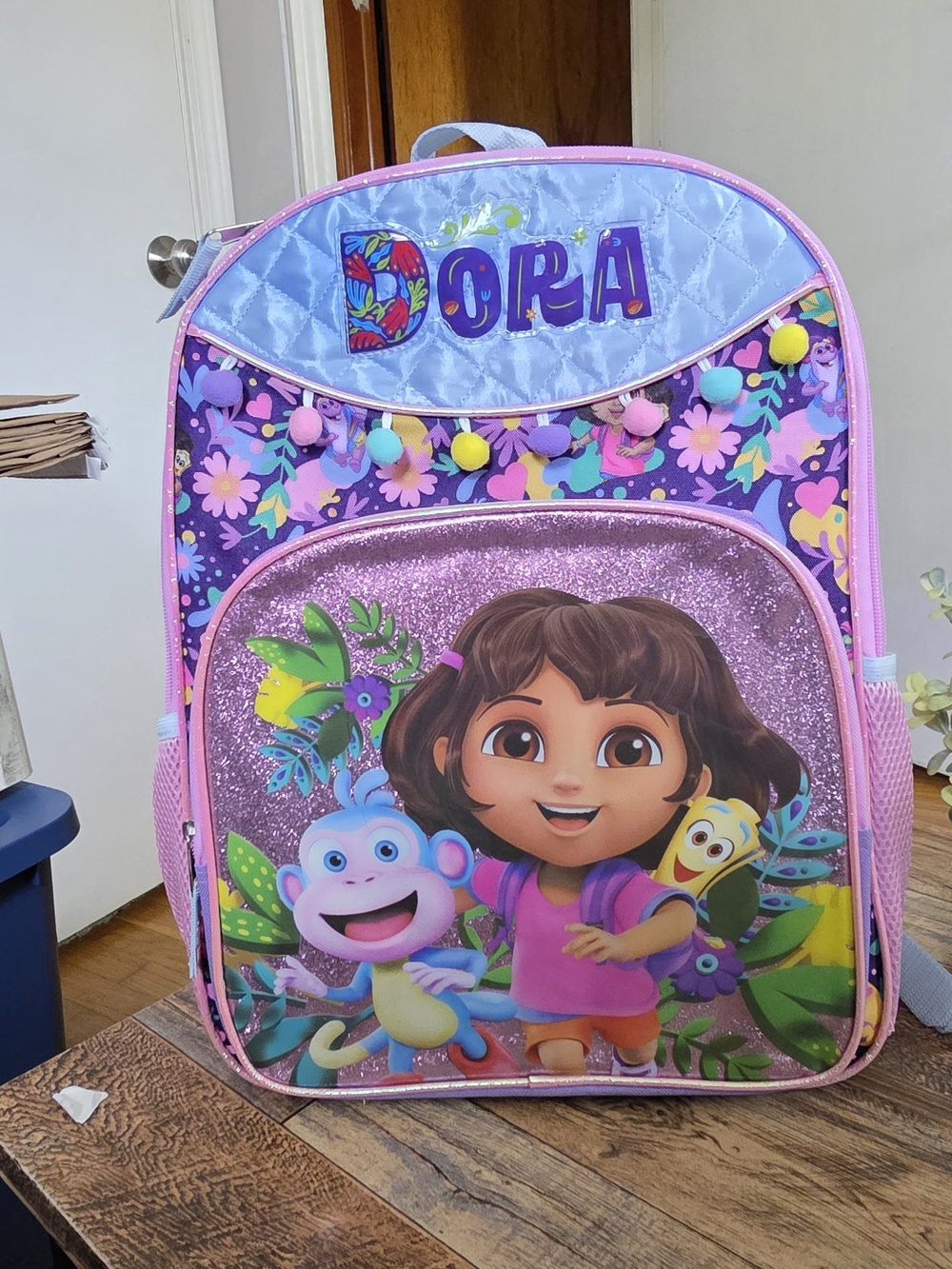 Nickelodeon Dora the Explorer & Boots Kids Backpack – Glitter & Pom Poms – NWT